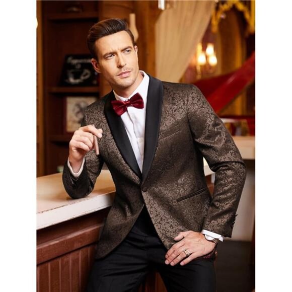 Men's Floral Tuxedo Jacket Jacquard Suit Jacket Slim Fit Blazer for Wedding - Picture 2 of 7